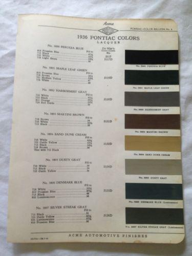 1936 pontiac~paint chip~automotive~acme paint~general motor~color chart~original