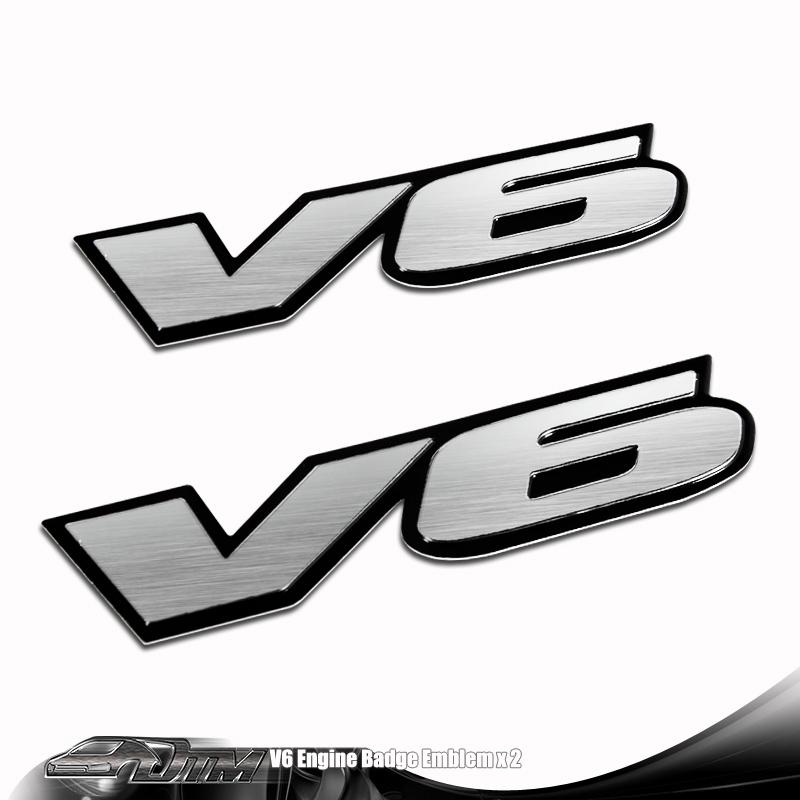 2x universal black border silver v6 aluminum adhesive emblem / badge / sticker