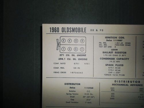 1960 oldsmobile eight series 88 &amp; 98 models 371 ci &amp; 394.1 ci v8 tune up chart