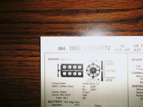 1968 chevrolet corvette eight series 435hp 427 ci 3x2bbl v8 w/ti tune up chart