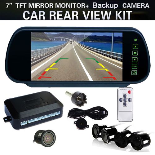 7&#034; tft-lcd rear view mirror monitor car reverse camera radar + 4 parking sensors