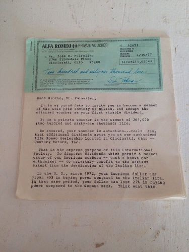 1977 alfa romeo gt original owner&#039;s voucher marketing advertisement.