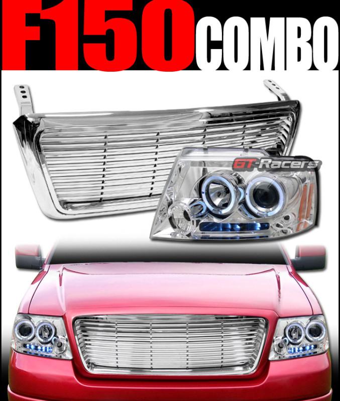 Chrome halo led projector head light+horizontal hood grill grille 2004-2008 f150