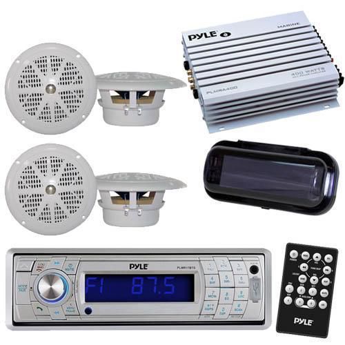 Pyle silver boat usb stereo &amp; wireless bluetooth 4 4&#034; speakers /400w amp + cover