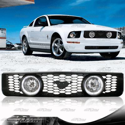 2005-2009 ford mustang v6 abs plastic mesh grille w/ dual halo chrome fog lights