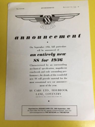 Jaguar ss 1985 reprint from 1936 autocar jaguar ss announcement by jaguar ltd