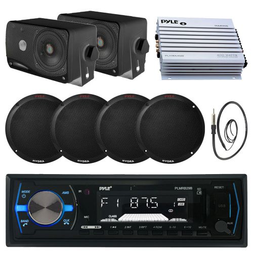 Black pyle usb bluetooth radio, marine 400w amp, antenna, 6.5&#034; and 3.5&#034; speakers