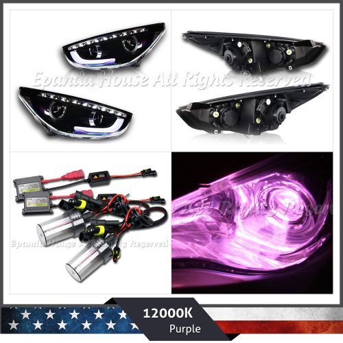 For 10-13 hyundai tucson led drl bar projector headlights black+12000k pink hid