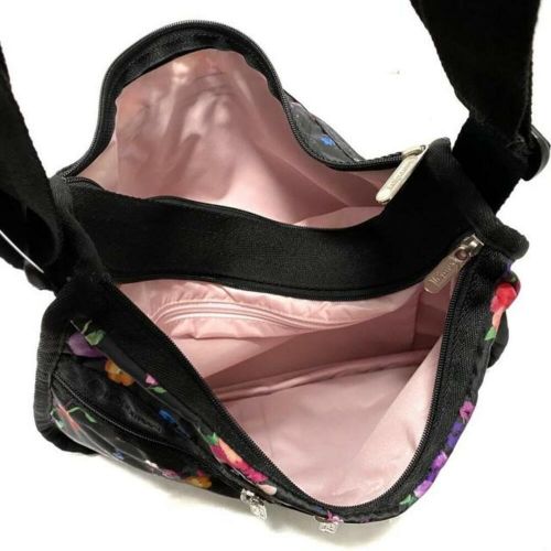 Lesportsac shoulder bag - black pink multi floral pattern lesponylon