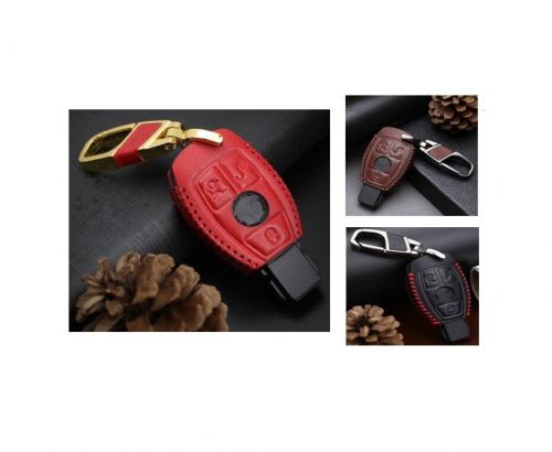 For mercedes benz e 3 buttons remote key case bag fob holder leather cover chain