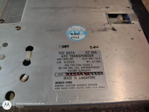 Bendix king kt 76a transponder p/n 066-1062-00 tested w/faa 8130-3 yellow tagged