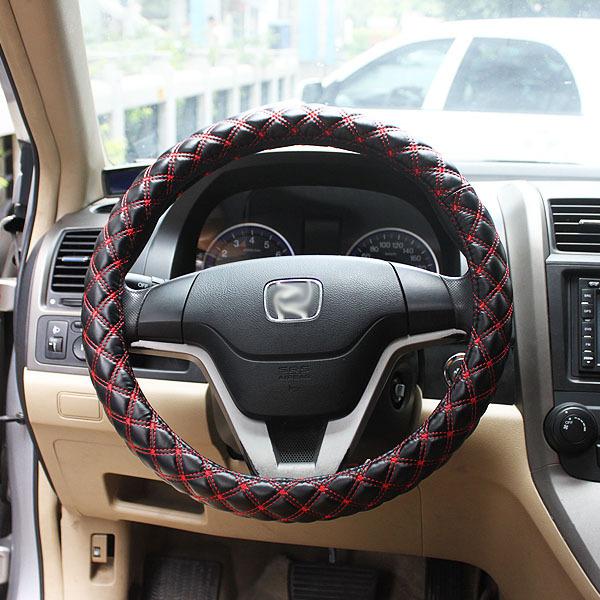 Soft pu leather stitched steering wheel cover 38cm dia black and red line