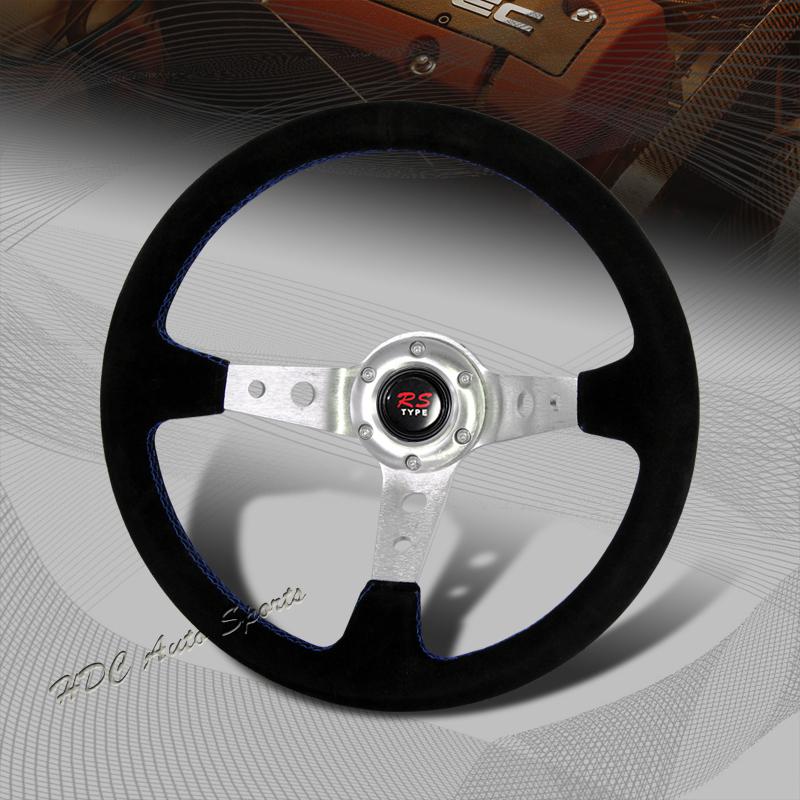 Universal 350mm 6 hole black suede leather blue stitch deep dish steering wheel