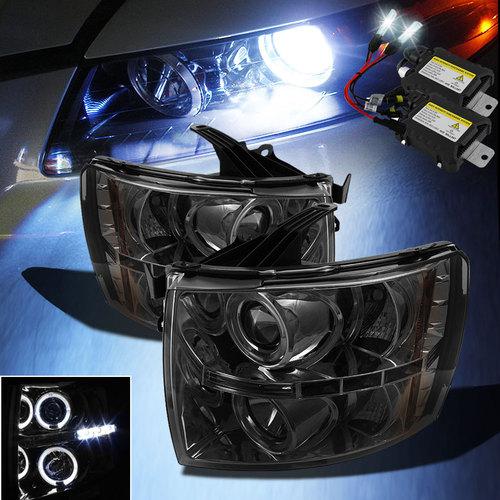 Slim 6000k xenon hid+smoked 07-13 silverado halo led projector headlights set