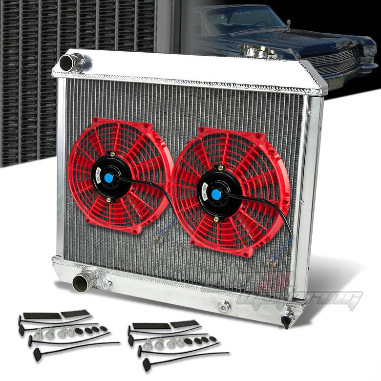 61-62 starfire 60-65 cadillac v8 3-row aluminum racing radiator+x2 10" red fan