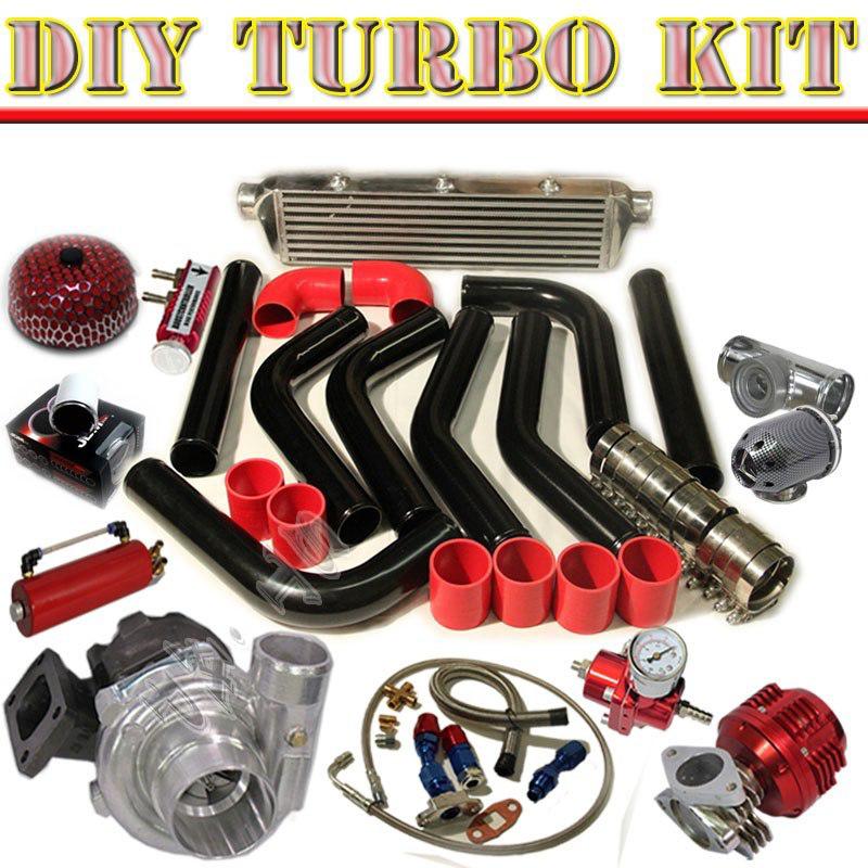 T3/t4 turbo+28" intercooler+piping kit+jdm bov carbon+oil line+ fpr+tank blk/red