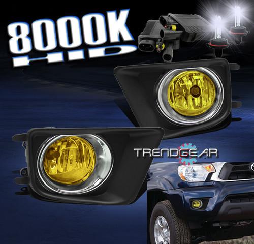 12-13 toyota tacoma bumper yellow fog light w/8000k hid+chrome trim cover+switch