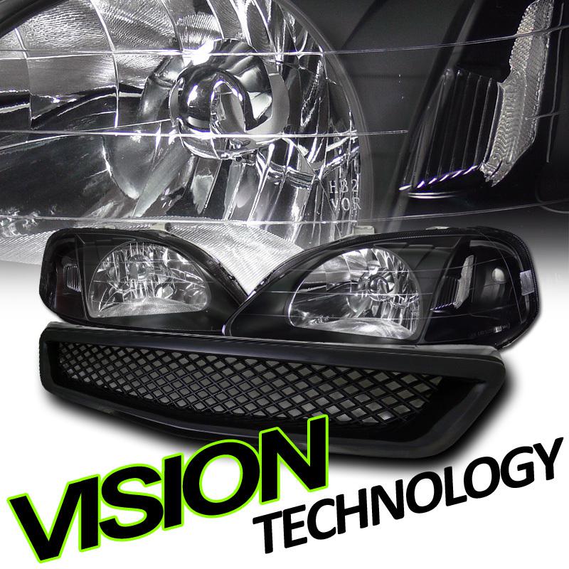 99-00 civic 2d/3d/4d jdm blk housing clear lens headlights+front mesh hood grill