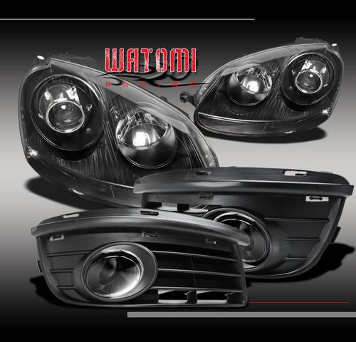 06-09 vw jetta mk5 black projector head lights w/bumper fog light+grille cover