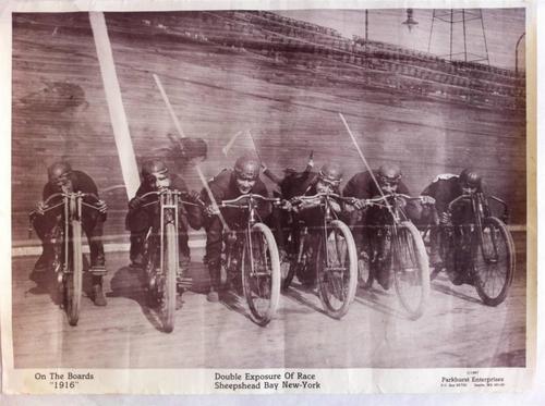 * poster of 1916 board track racers in sheepshead bay ny - reproduced 1987