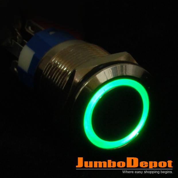 Green led ultra flush light spdt on off push switch ring button new for 19 mm