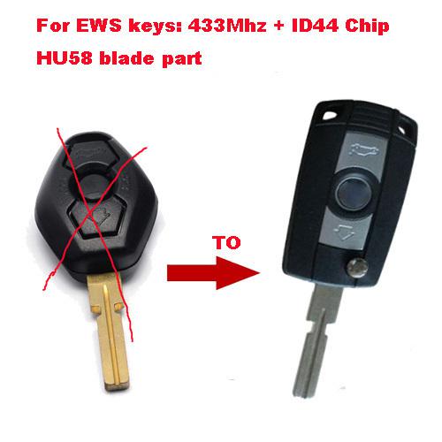 Flip key combo remote transmitter for bmw with ews immo moduel hu58,433mhz