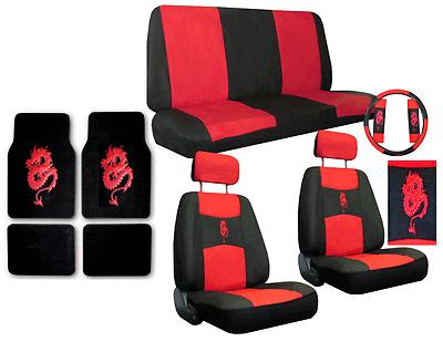 Dragon red black synthetic leather car truck suv seat covers & floor mats pkg #e