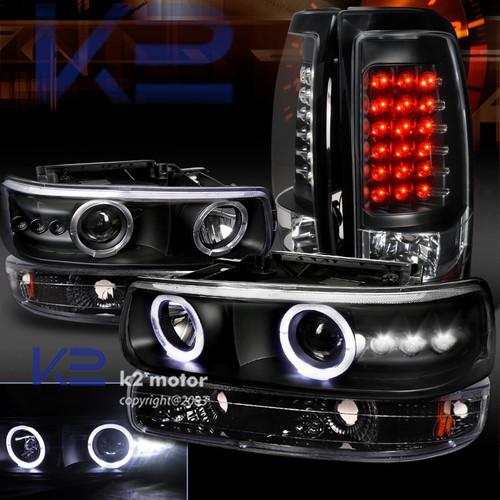 Black 99-02 chevy silverado halo projector headlight+bumper lamp+led tail lights