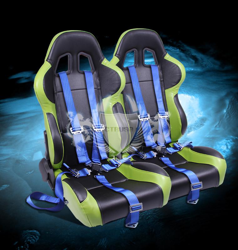 2x black/green jdm turino racing bucket seats+5-pt blue belts camlock strap pair