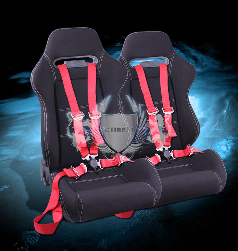 2x  black/white fabric racing bucket seats + 4-pt red belts camlock strap pair