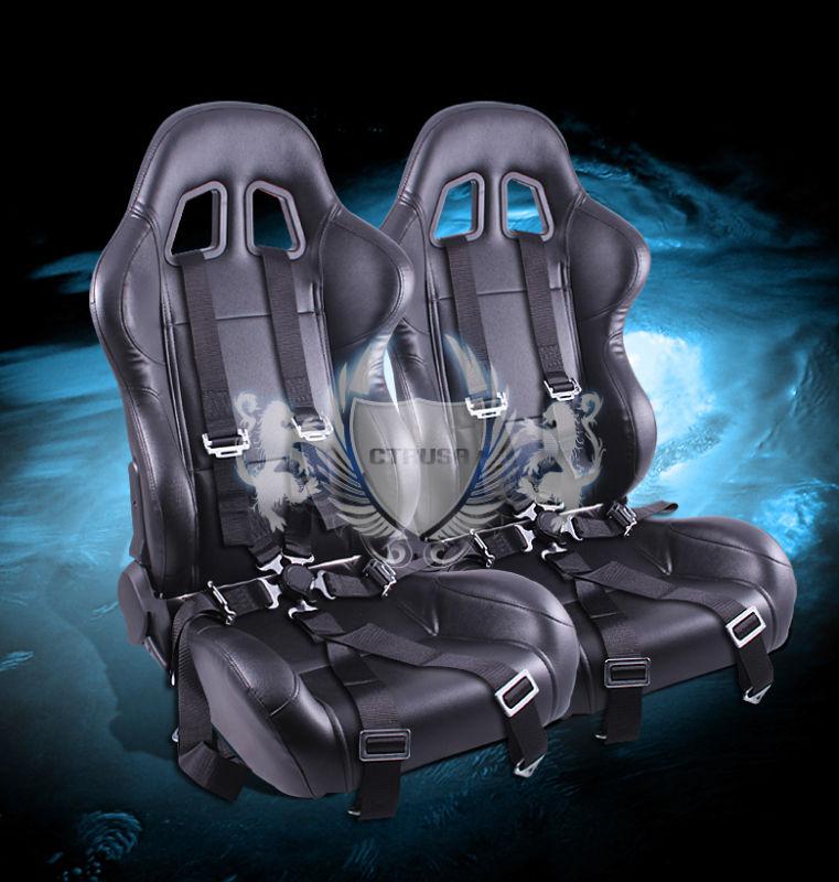 2x reclinable black turino sport racing bucket seat+6-pt belt camlock strap pair