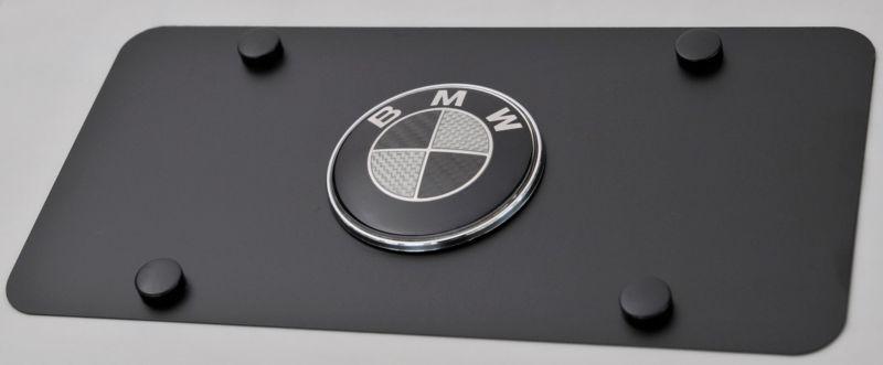 Bmw 3d carbon logo emblem on black stainless steel license plate 