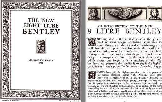 Bentley 1931 - the new eight litre bentley - advance particulars 1931 - brochure