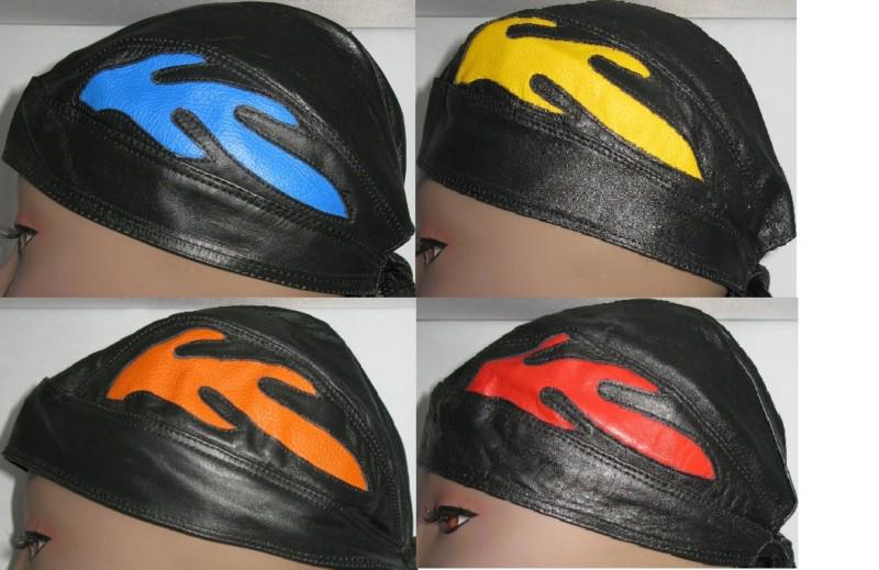 Genuine black leather skull cap head wrap with flames bandanna du-rag biker gear