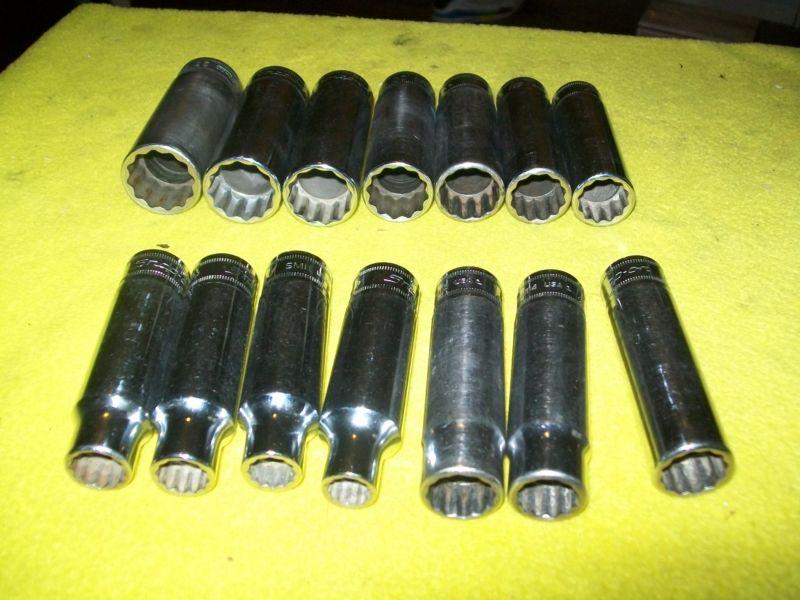 Snap-on 1/2" drive 10 thru 23 mm 12-point deep socket sm10 thru sm23 vg