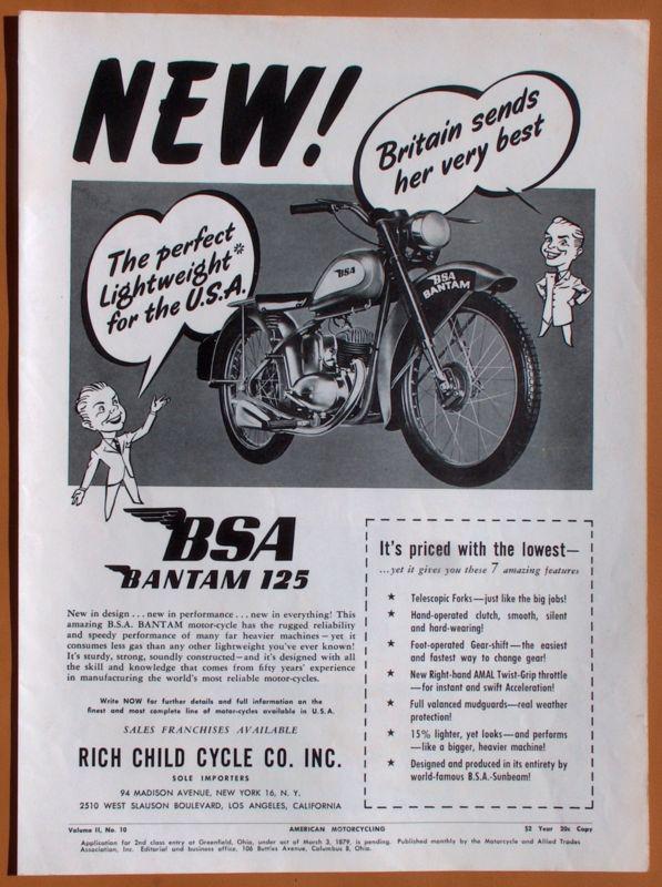 Lg171   two different 1948 bsa motorcycle ads! bantam 125 + dealer ad!