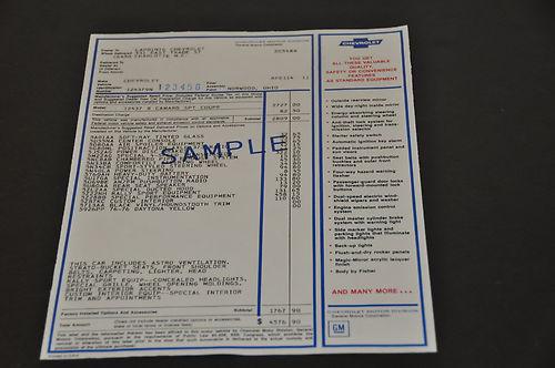 1967 1968 1969 camaro window sticker to your specifications
