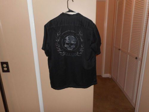 Men&#039;s harley davidson black burning skull button front garage shop shirt large