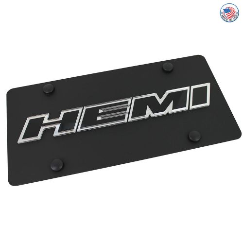 Hemi name badge on carbon black stainless steel license plate