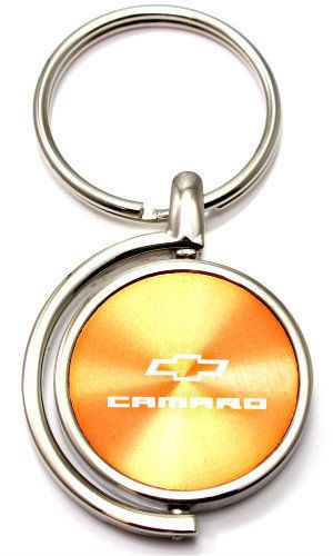 Orange chevy camaro logo brushed metal round spinner chrome key chain spin ring