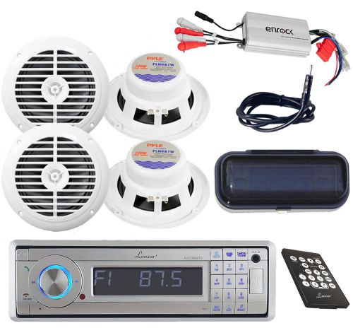 6.5&#034;white speakers,amp,cover,antenna+silver marine bluetooth cd mp3 usb receiver