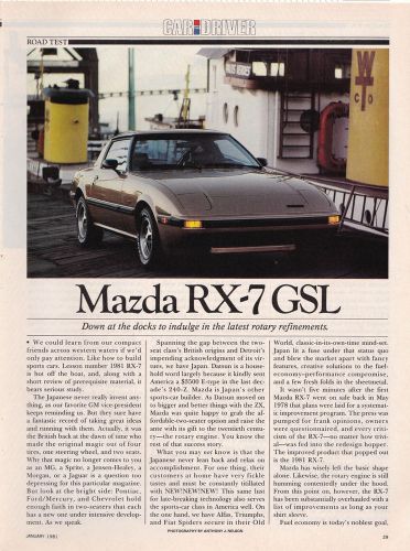 1981 mazda rx-7 gsl road test data vintage original print article