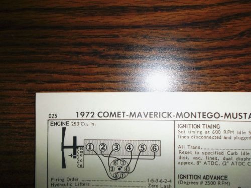 1972 ford mercury &amp; mustang six series models 99hp 250 ci l6 1bbl tune up chart