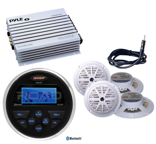 Bluetooth usb aux marine radio, antenna, 400w amplifier, 4 white 5.25&#034; speakers