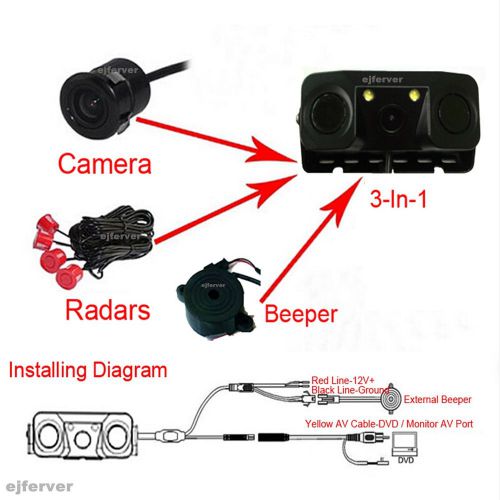 Hd car rearview backup camera night vision waterproof+2x radar +x beeper 3-1 kit