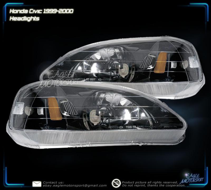 1999-2000 honda civic crystal gunmetal headlights head lamps + amber reflector