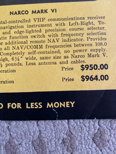 Narco avionics equipment  &amp; price list 4 page dated 15 sep 1959