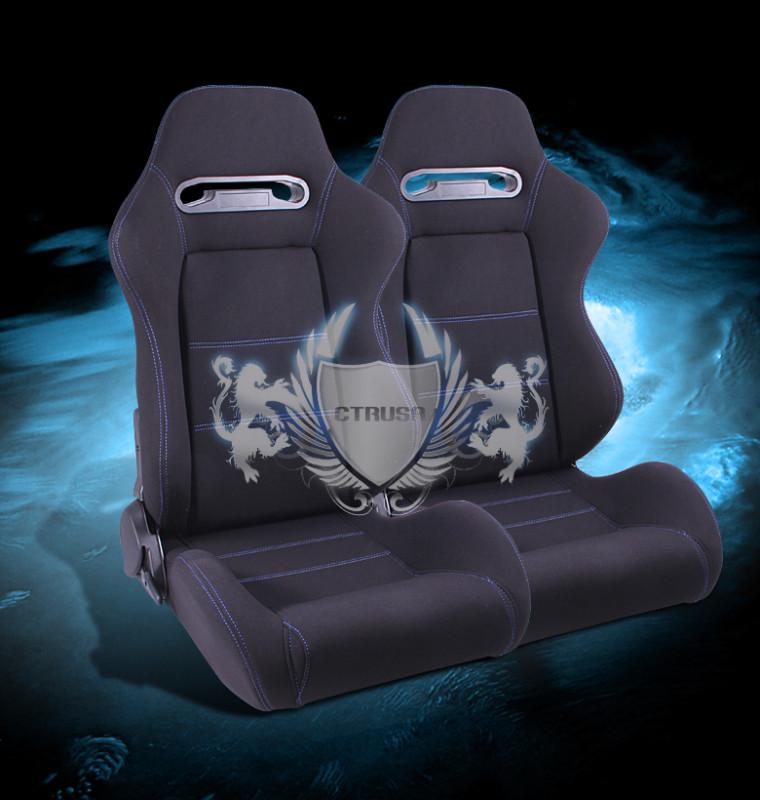 2x blk/blue fabric sport racing bucket seat reclinable driver/passenger pair