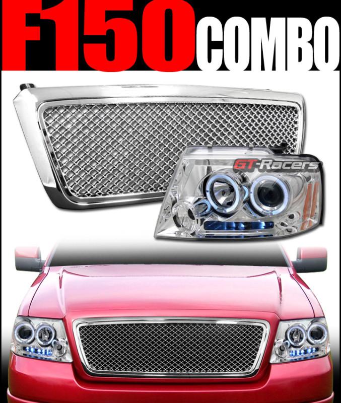 Chrome halo led projector head lights+front mesh grill grille abs 2004-2008 f150