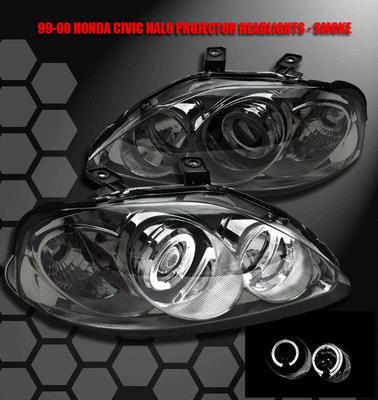 99 00 honda civic cx dx ex 2/3/4dr dual halo projector headlights lamp jdm smoke